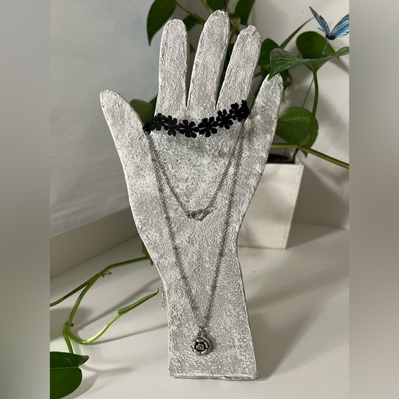 Floral Silver Multi-Chain Charm Necklace Set with Black Lace Choker - Picture 3 of 6